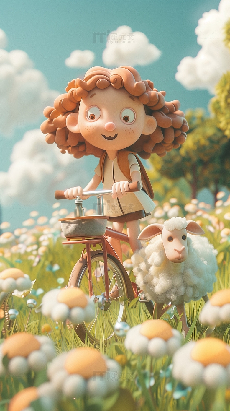 春天郊游女孩小羊3D背景