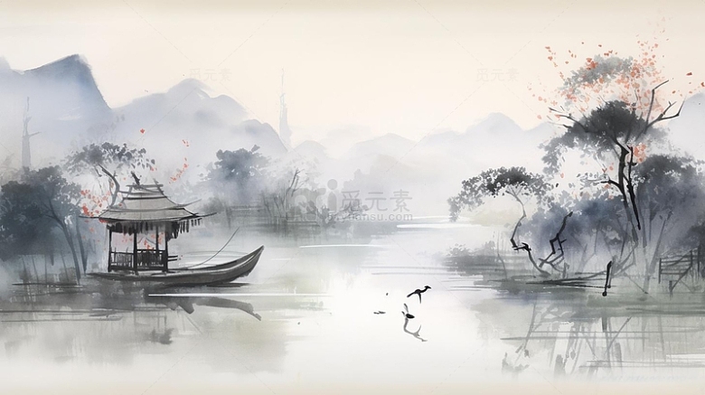 中国风手绘水墨风景山水插画背景