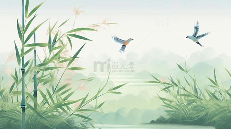 中国风春天绿色诗意手绘插画背景