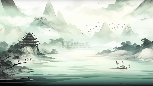 中国风水墨山水水墨插画海报背景
