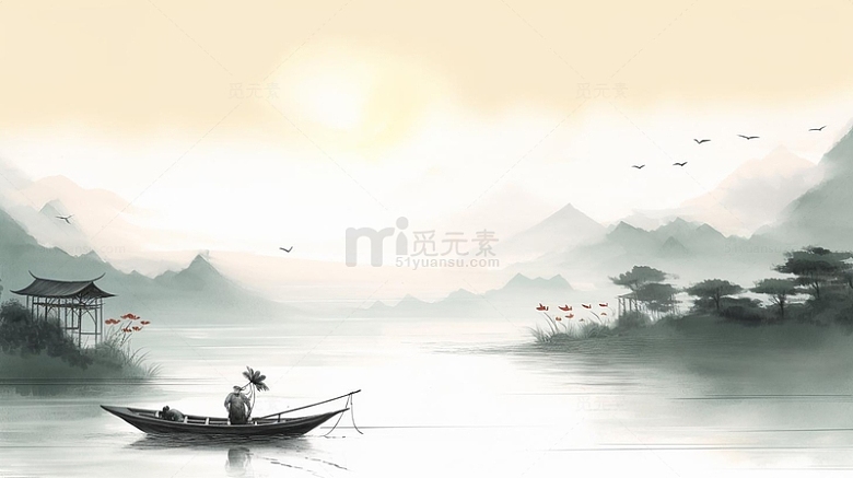 中国风意境山水画渔船背景