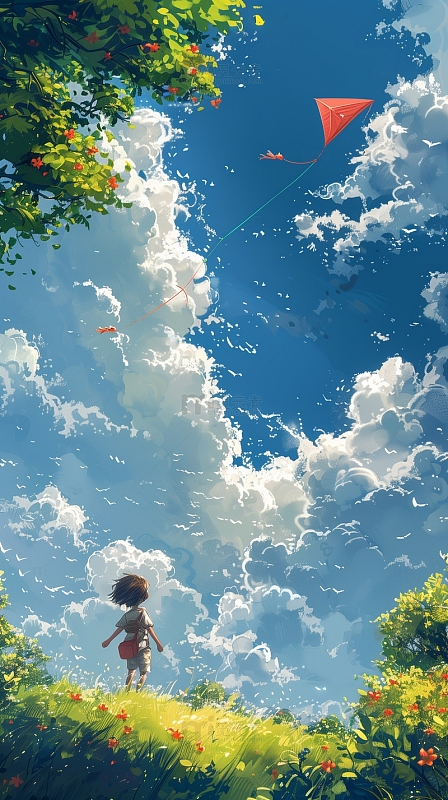 春天蓝天白云草地女孩放风筝插画背景