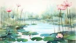 手绘绿色中国风荷花插画水墨画背景