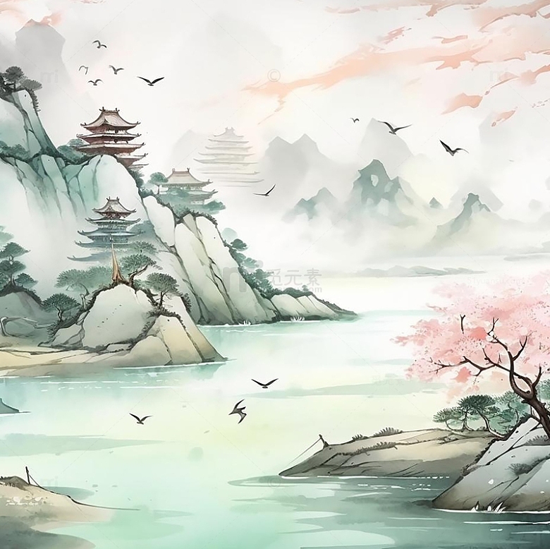 中国风手绘桃花山水画背景