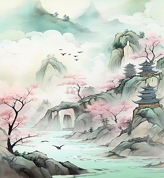 水墨山水桃花飞鸟手绘高清背景