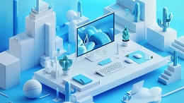 清新蓝色办公桌工作台