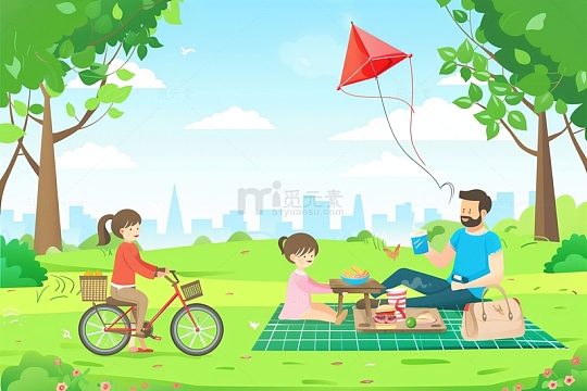 春天郊游一家三口插画背景