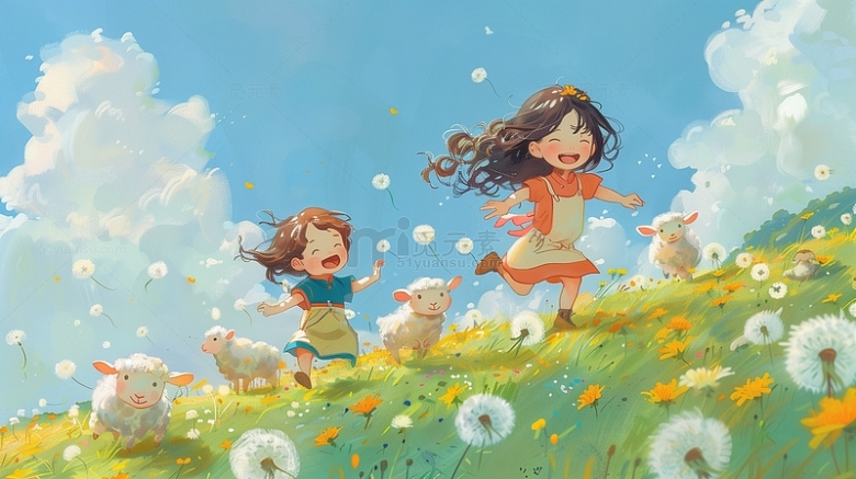 春天草地奔跑儿童绵羊插画背景