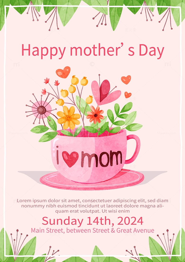 母亲节茶杯鲜花温馨海报