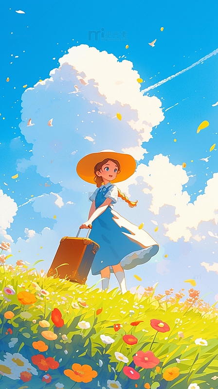 春日穿蓝裙子的女孩