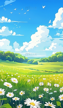 春天蓝天白云绿色草地插画背景