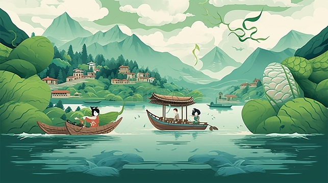 绿色端午节山水泛舟海报