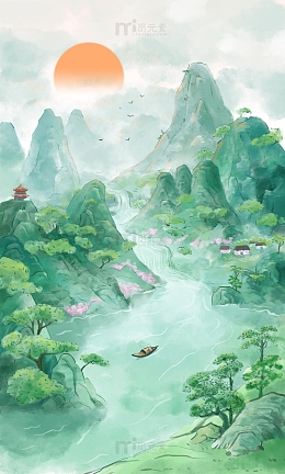 古风水墨山水插画