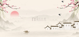 中国风水墨山水徽派建筑桃花海报背景