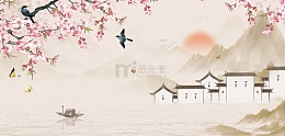 中国风水墨工笔画徽派建筑海报背景