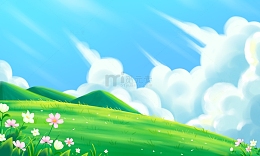 手绘梦幻天空云朵绿色小清新春天海报背景