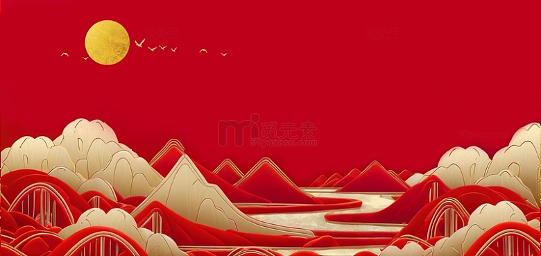 中国红鎏金山水背景