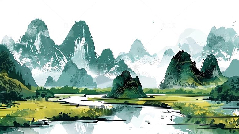桂林山水彩色水墨水粉水彩中式山水绘画2