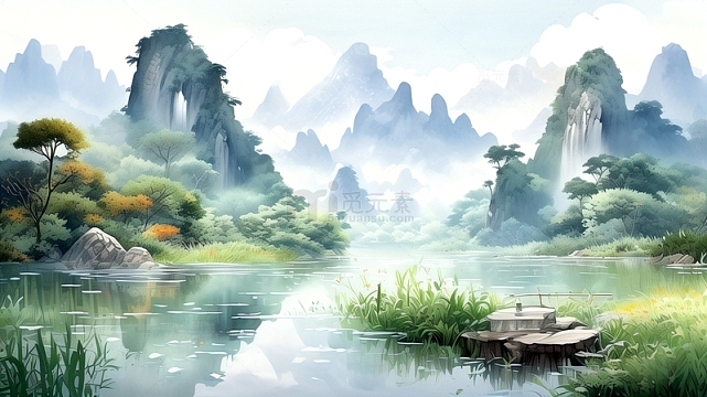 江南烟雨水墨画风景