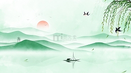 中国风淡雅意境绿色水墨水彩山水海报背景