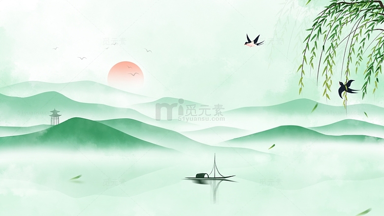 中国风淡雅意境绿色水墨水彩山水海报背景