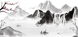 梅花喜鹊山水画