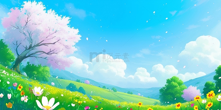 卡通手绘风蓝天白云春天背景