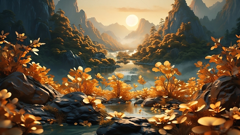 山河太阳金色植物自然唯美场景背景