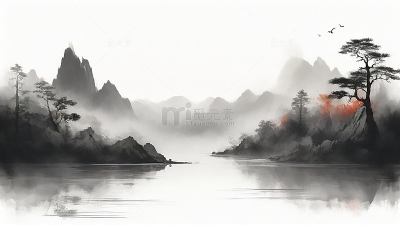 中国风水墨水山场景黑白背景
