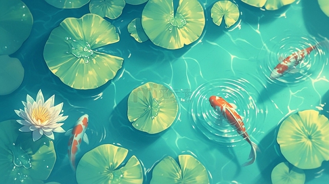 清澈池水红色锦鲤