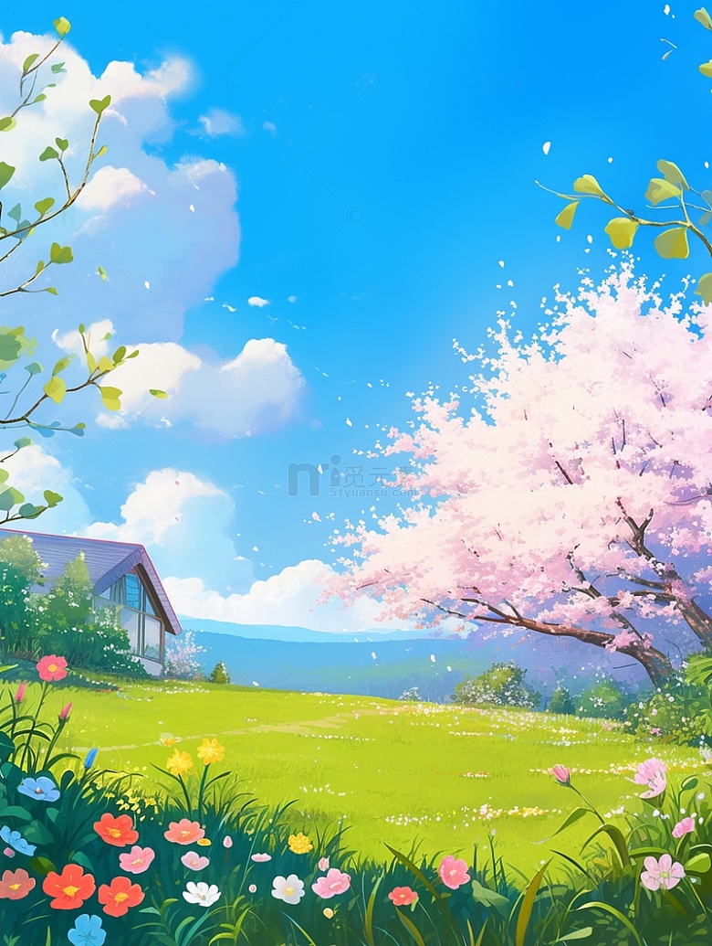 春日唯美蓝天白云花开草地