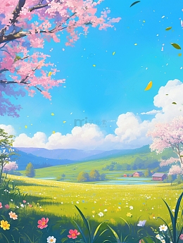 春日桃花开放野外草地背景