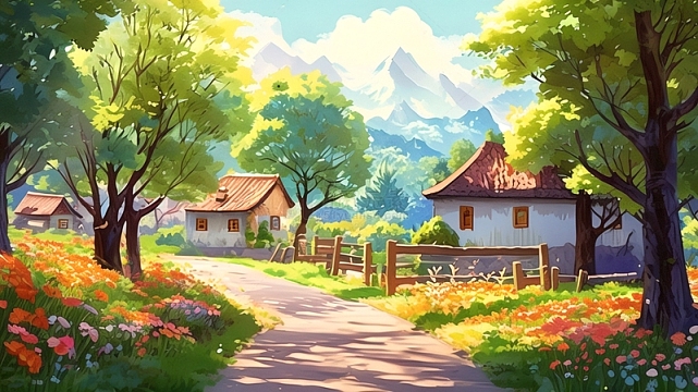 印象乡村生态乡村风景插画