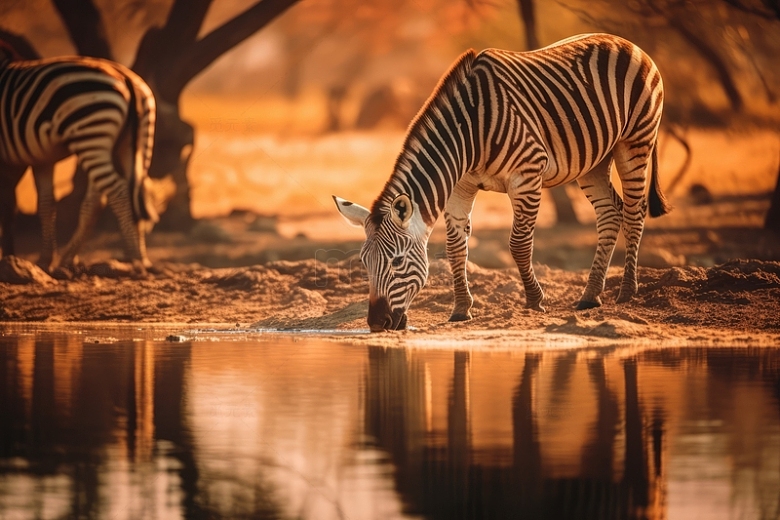 一只野生斑马在喝水