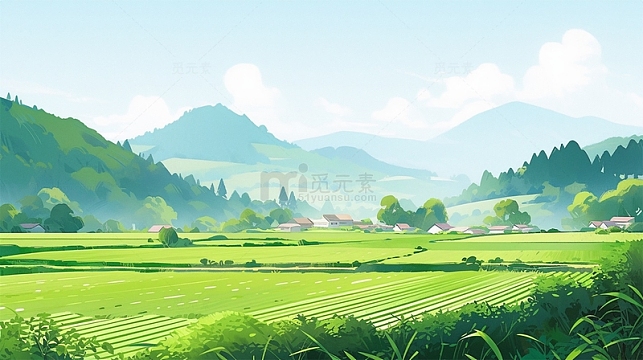 春天田地青山扁平插画背景