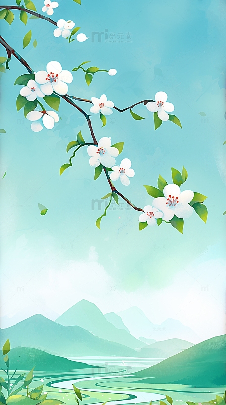 白色花枝山水插画背景