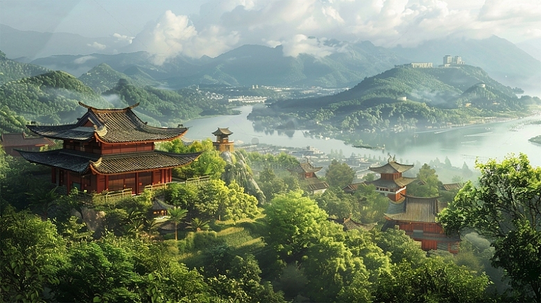 中国风建筑山水风景绿色场景
