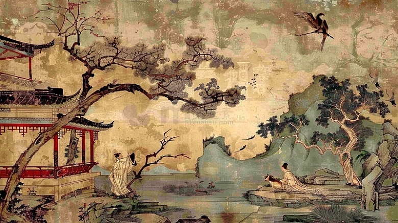 中国风复古壁画建筑植物人物场景工笔