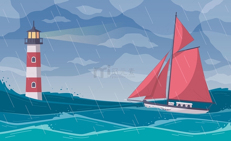 灯塔指引风雨中行驶的帆船