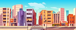 明媚夏日城市街道建筑