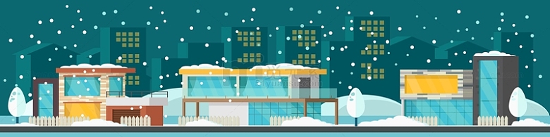 城市建筑夜晚雪景插画