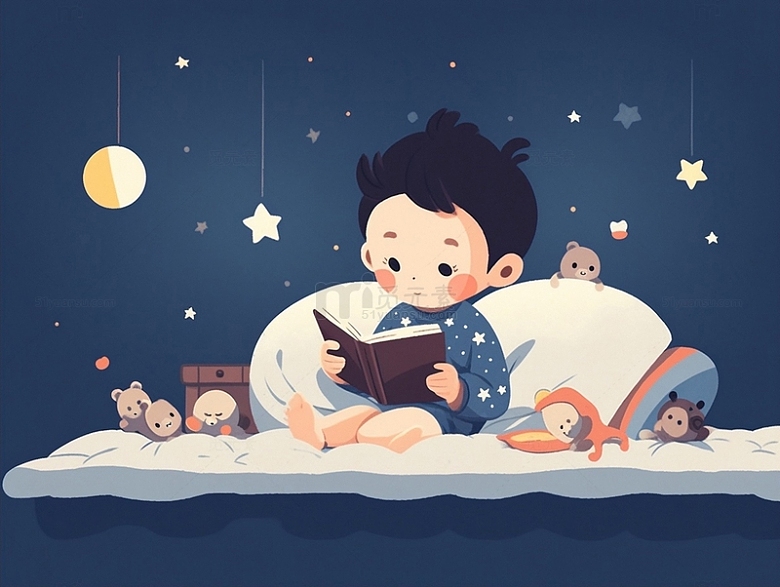 夜晚看书的小朋友
