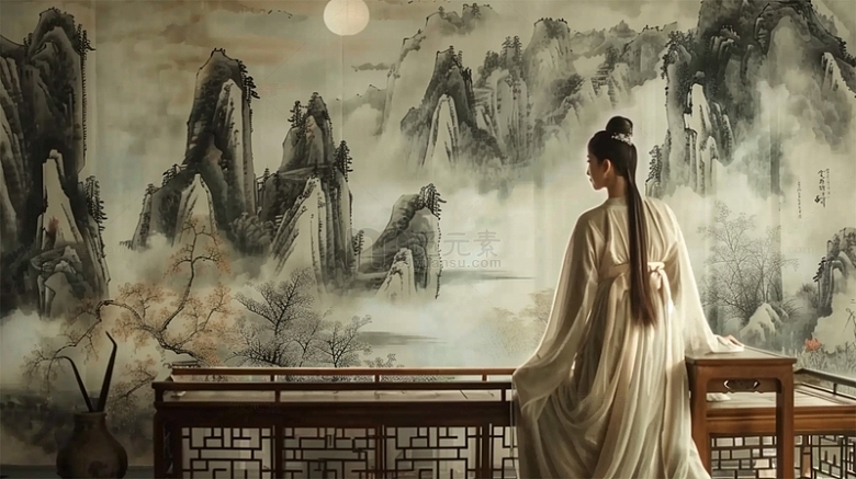 中国风水墨人物写实场景壁画