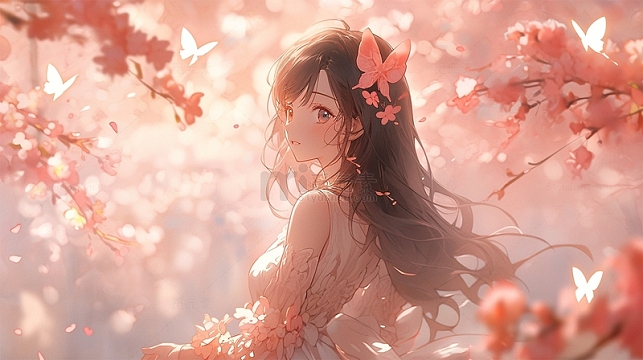 唯美梦幻美女粉色鲜花壁纸场景