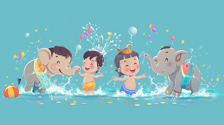 泼水节大象儿童戏水嬉水场景节日卡通插画