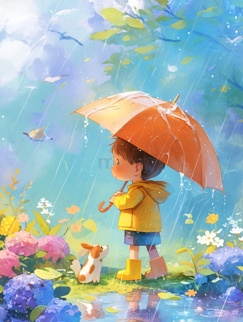 谷雨时节下雨打伞儿童