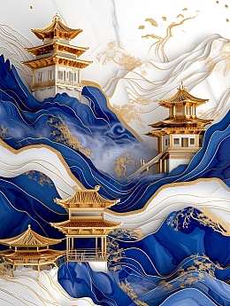 蓝白金色山水画