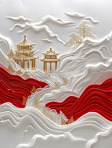 剪纸玉石红白金山水