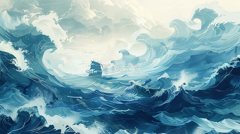 中国风海浪帆船蓝色唯美插画场景