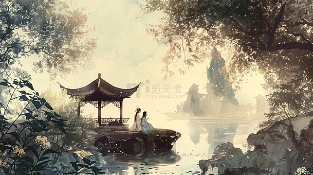 古风psdpng国潮水墨山水风景插画jpg春天凉亭中国风山水植物场景psd